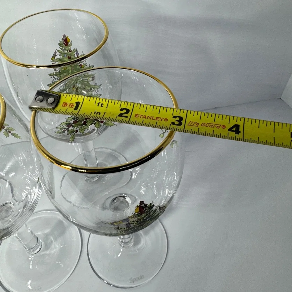 Spode Christmas Tree Wine Glasses Set of 4 Gold Rim Holiday Stemware 7.25 inch‎